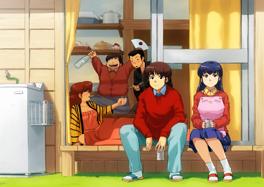 80s, apron, beer, black_hair, blue_hair, blush, brown_hair, footwear, godai_yusaku, godai_yuusaku, ichinose_hanae, kotatsu, long_hair, long_skirt, maison_ikkoku, oldschool, otonashi_kyouko, paper_fan, red_hair, roppongi_akemi, sake, sitting, skirt, smile, socks, tachibana_midori, veranda, washing_machine, yotsuya
