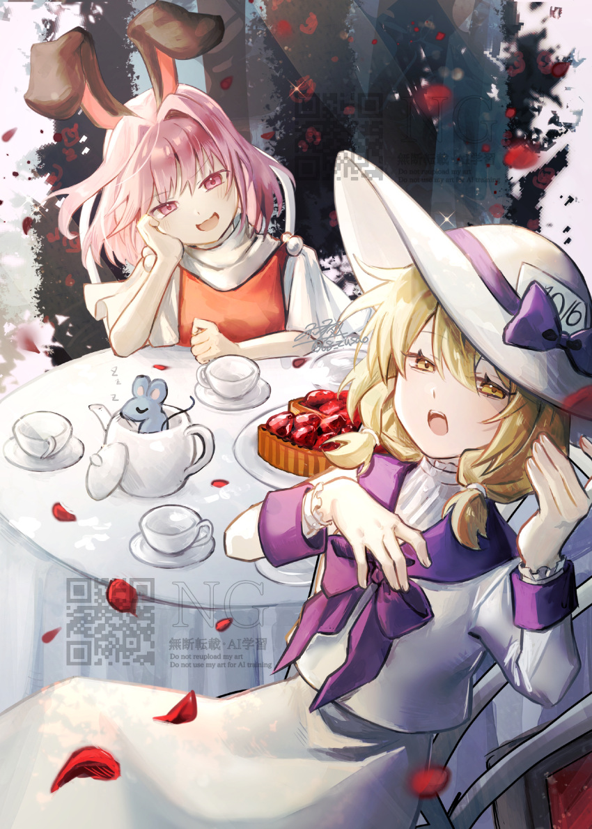 2girls, absurdres, alice's_adventures_in_wonderland, animal_ears, blonde_hair, cake, capelet, cup