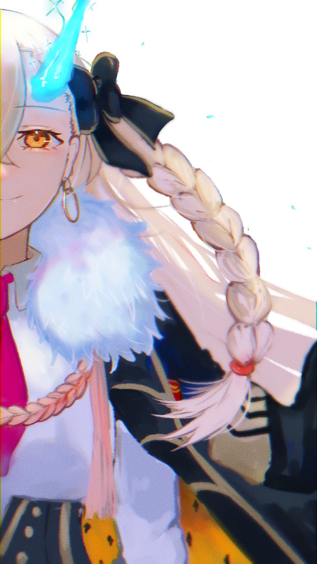 1girl, black_bow, bow, braid, cloak, closed_mouth, commentary_request, earrings