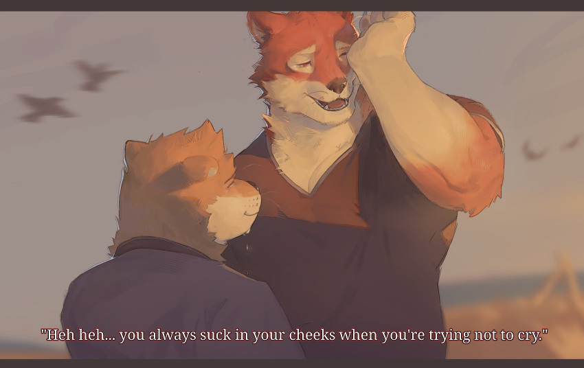 2boys, animal_ears, bird, black_shirt, blue_shirt, chase_hunter, claws, closed_eyes