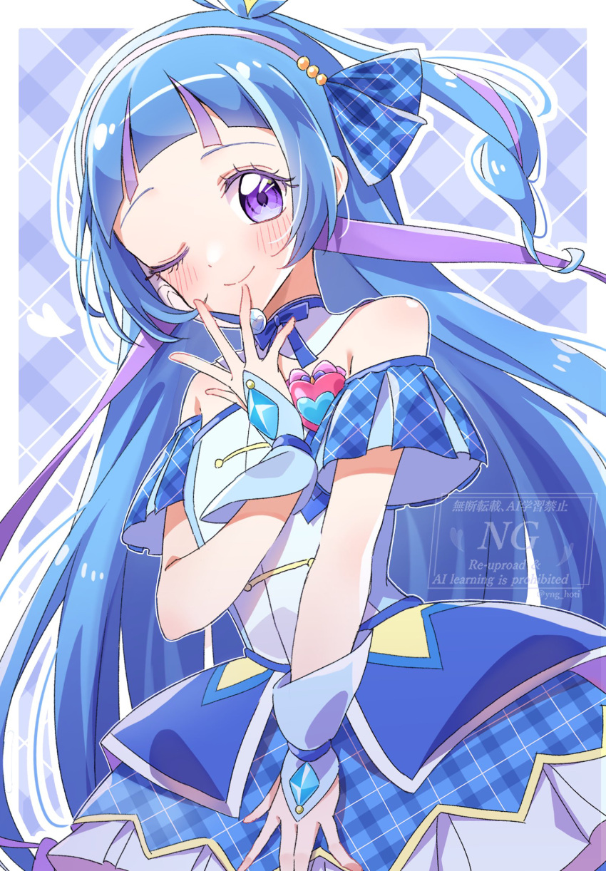 1girl, aokaze_nana, arched_bangs, blue_background, blue_bow, blue_dress, blue_hair, blue_ribbon
