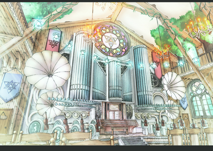 bell, bow_(instrument), chair, chandelier, church, instrument, no_humans, organ
