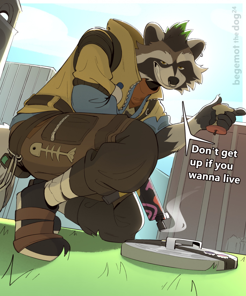 1boy, animal_ears, apple, apple_core, artist_name, behemotthedog, blue_sky, claws, clouds, colored_tips, dated, earrings, english_commentary, english_text, face_piercing, food, fortnite, fruit, furry, furry_male, gun, highres, holding, holding_gun, holding_weapon, jewelry, looking_at_viewer, male_focus, mohawk, multicolored_hair, nose_piercing, nose_ring, on_one_knee, pawpads, piercing, raccoon_boy, raccoon_ears, raccoon_tail, rufus_(fortnite), single_earring, sky, smirk, smoke, tail, weapon