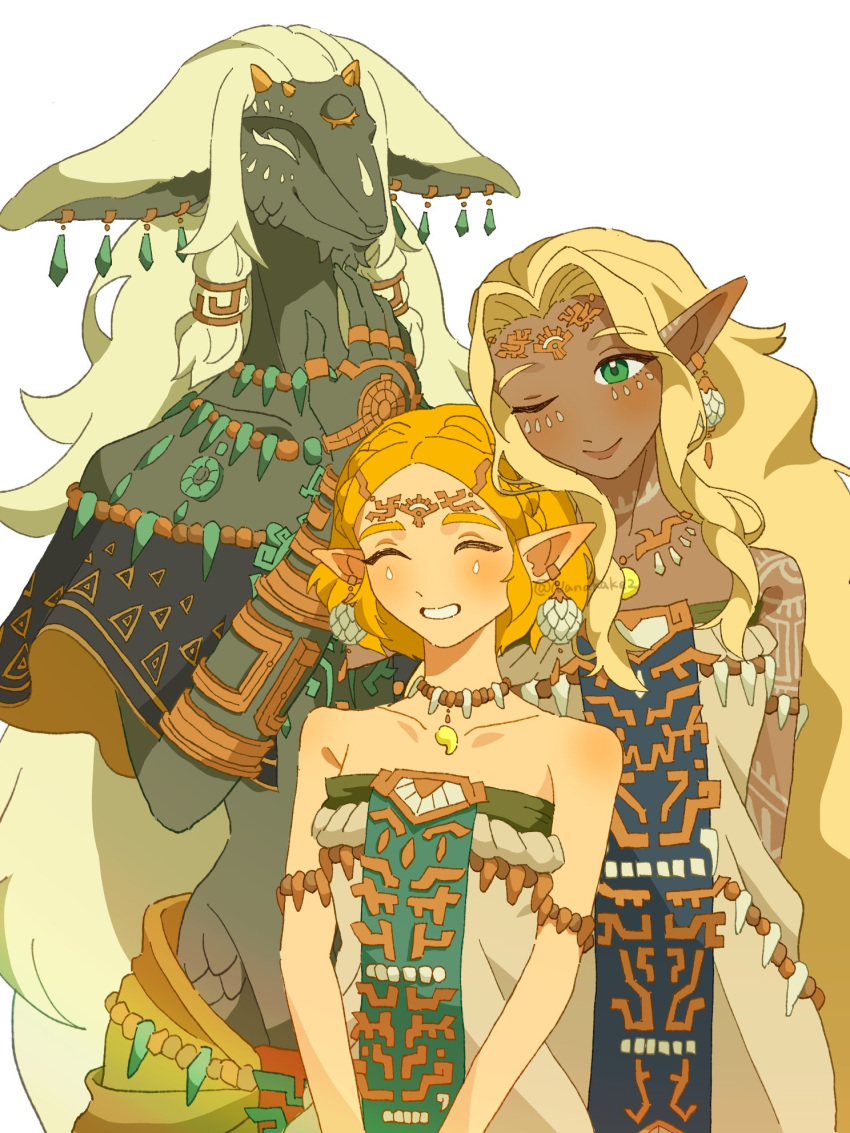 1boy, 2girls, ancestor_and_descendant, archaic_set_(zelda), bare_shoulders, blonde_hair, blush, breasts