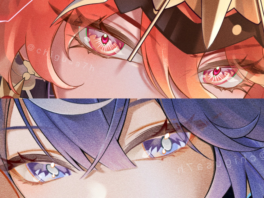 2girls, augusta_(wuthering_waves), blue_eyes, blue_hair, chigusa7h, chromatic_aberration, close-up, commentary