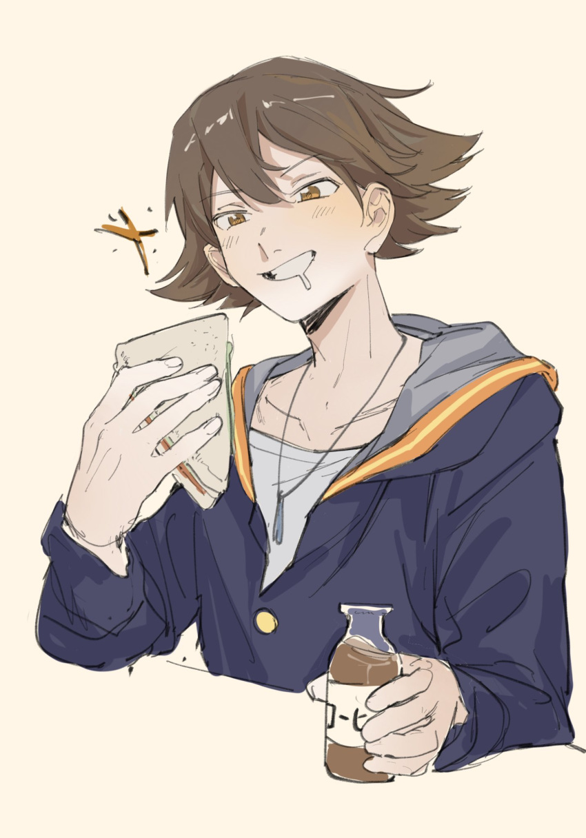 1boy, acminaasonde, alternate_eye_color, alternate_hair_color, blue_jacket, bottle, brown_eyes, brown_hair