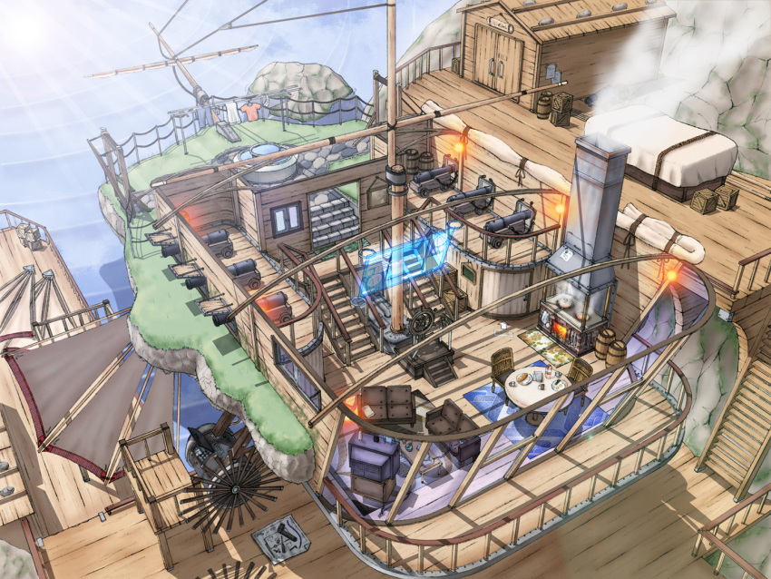 chair, chimney, couch, crate, crt, holographic_interface, mast, no_humans, original, paddle_wheel, pipe, roffi, scenery, smoke, stairs, still_life, stove, table, television, water, window