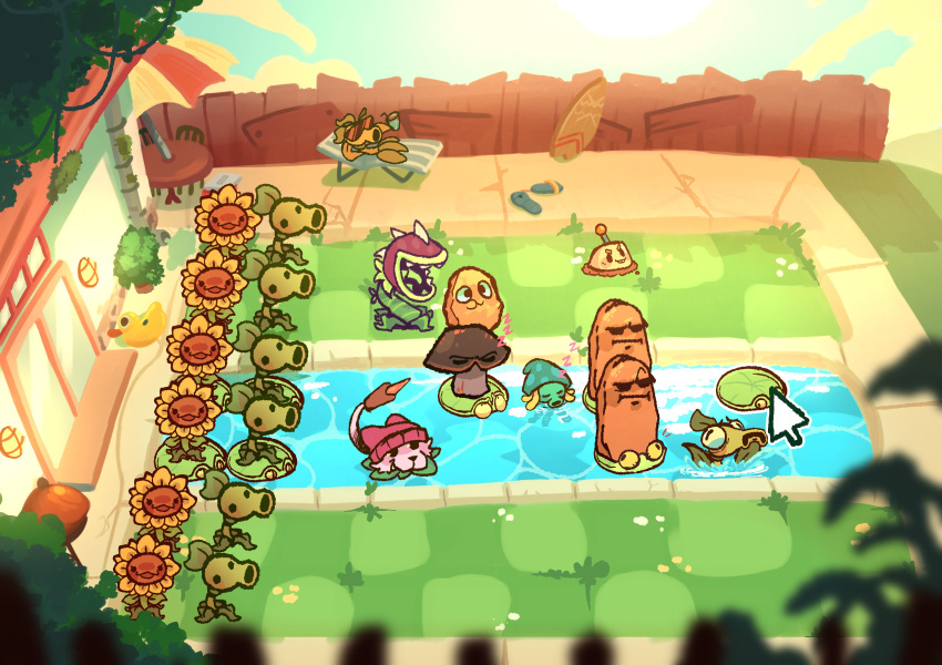 absurdres, beach_chair, beanie, blue_sky, building, bush, carnivorous_plant, cattail_(plants_vs._zombies), chair, chomper_(plants_vs._zombies), closed_eyes, closed_mouth, clouds, commentary, cooler, cursor, day, doom-shroom_(plants_vs._zombies), drink, english_commentary, fangs, fence, flower, glass_door, grill, hat, head_rest, highres, holding, holding_drink, house, in-universe_location, kinomotoroka, lily_pad_(plants_vs._zombies), moss, mushroom, no_humans, open_mouth, outdoors, peashooter_(plants_vs._zombies), pink_hat, plant, plants_vs._zombies, pool, potato, potato_mine_(plants_vs._zombies), repeater_(plants_vs._zombies), round_table, rubber_duck, sandals, scenery, sea-shroom_(plants_vs._zombies), sky, sleeping, smile, solid_circle_eyes, sun, sunflower, sunflower_(plants_vs._zombies), sunglasses, sunlight, surfboard, table, tail, tall-nut_(plants_vs._zombies), unworn_sandals, wall-nut_(plants_vs._zombies), wall_lamp, water, wooden_fence, zzz