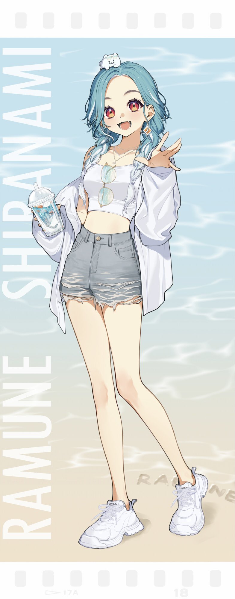 1girl, :3, blue_hair, blush, braid, camisole, character_name, creature_on_head