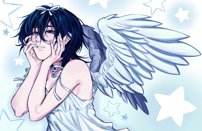 1girl, alien_stage, angel_wings, black_hair, blue_eyes, bow, commentary, daisy88811