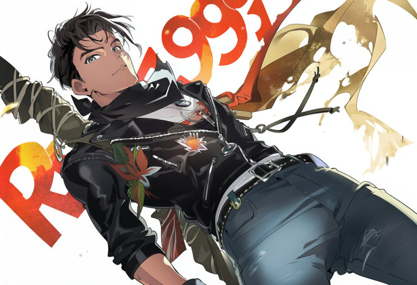 1boy, black_hair, black_jacket, black_neckerchief, blue_pants, burn_scar, closed_mouth, copyright_name