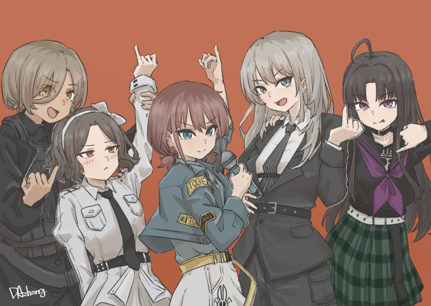 5girls, :<, ahoge, awa_subaru, belt, black_belt, black_choker, black_jacket