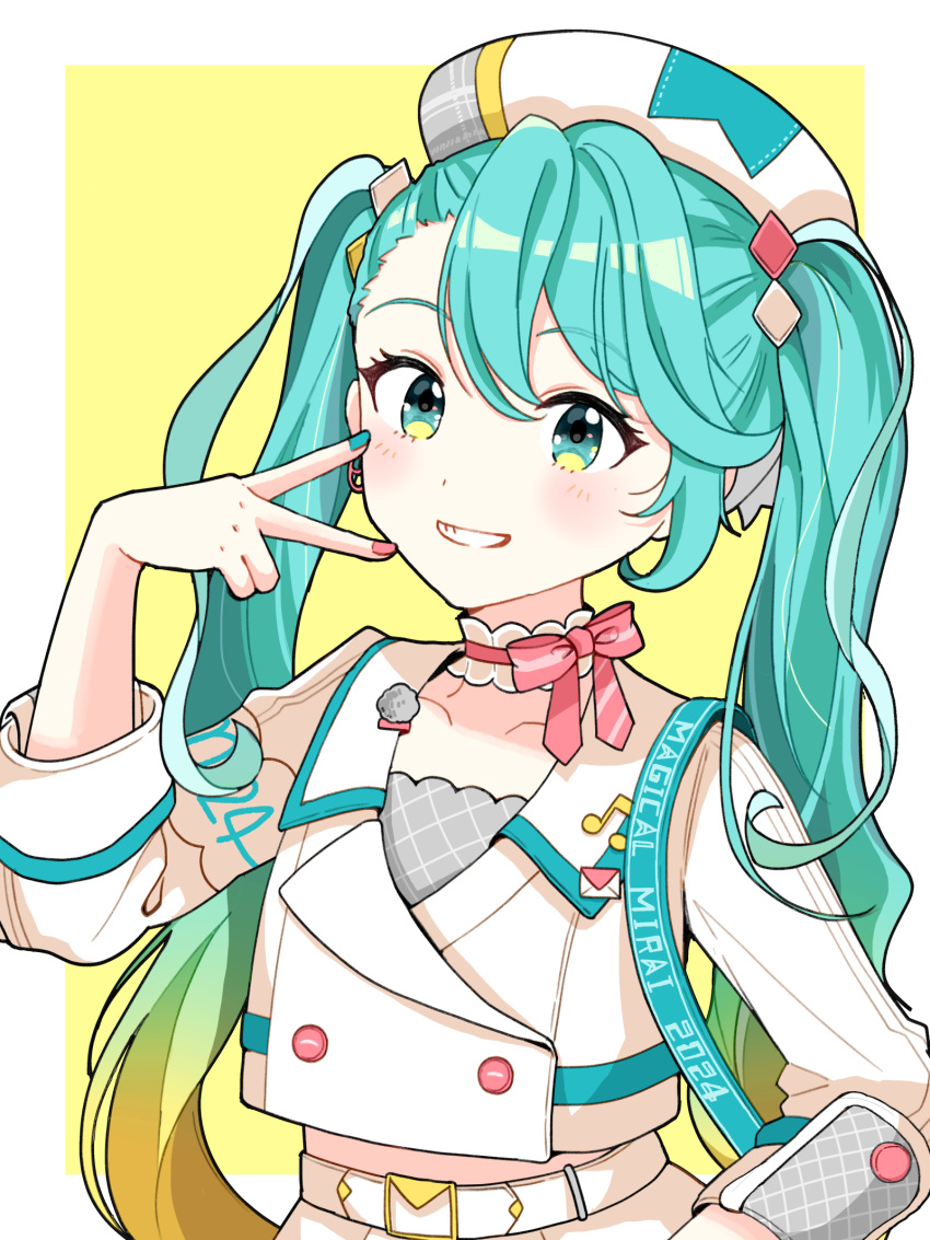 1girl, aqua_eyes, aqua_hair, aqua_nails, belt, beret, blonde_hair, blush