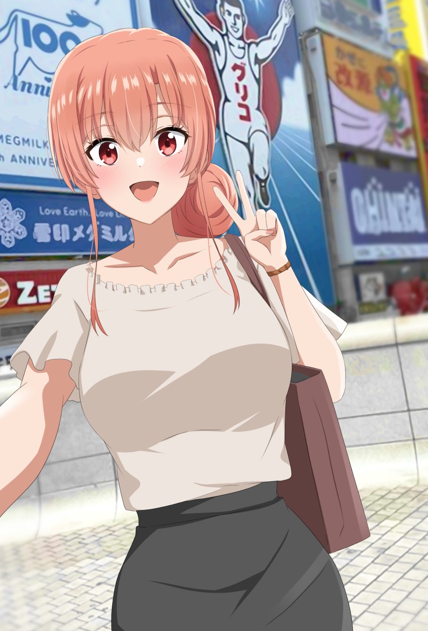 1girl, aged_up, bag, blush, breasts, dars_(recolors), doutonbori, hair_bun