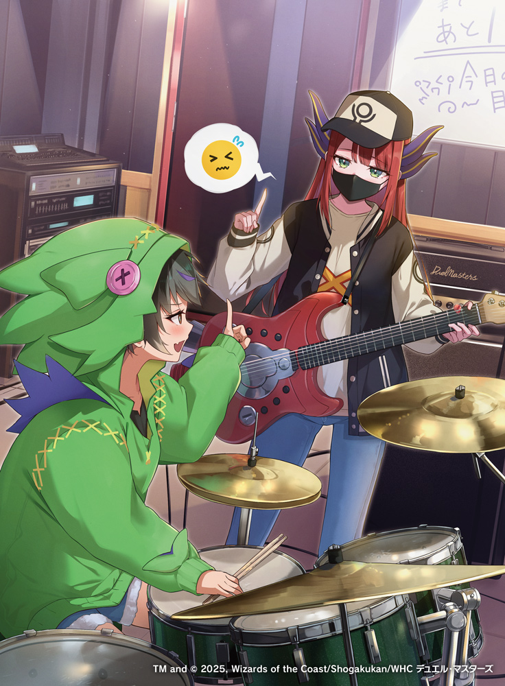 2025, 2girls, animal_hood, baseball_cap, black_hair, black_hat, black_mask, copyright_notice, denim, denim_shorts, dragon_musume_ni_naritakunai!, drum, drum_set, drumsticks, duel_masters, equal_(heartstrings), fang, green_eyes, green_hood, guitar, hair_ornament, harusaki_eiku, hat, holding, holding_drumsticks, holding_guitar, holding_instrument, hood, hood_up, hoshi_feruki, indoors, instrument, jacket, letterman_jacket, long_hair, multicolored_hair, multiple_girls, official_art, open_clothes, open_jacket, open_mouth, pointing, pointing_up, print_shirt, profile, purple_hair, red_hair, shirt, short_hair, shorts, sitting, spoken_emoji, standing, very_long_hair, whiteboard