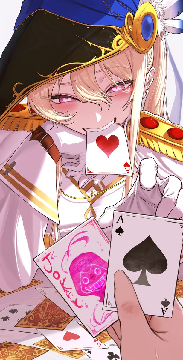 1girl, ace_(playing_card), ace_of_hearts, ace_of_spades, belt, belt_buckle, black_mask, blonde_hair