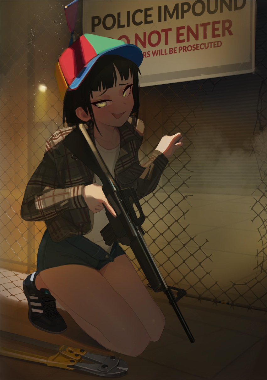 absurdres, adidas, armscor_m1600, black_hair, bolt_cutters, breaking_and_entering, chain-link_fence, english_commentary
