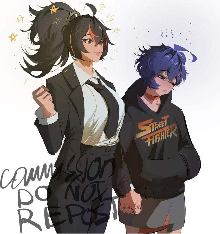 2girls, aqua_eyes, belle_(zenless_zone_zero), black_hair, black_hoodie, black_necktie, black_pants, black_suit, blue_hair, brown_eyes, chocorivarts, clenched_hand, closed_mouth, commission, couple, cowboy_shot, dress_shirt, grey_skirt, hand_in_pocket, highres, holding_hands, hood, hoodie, jacket, long_hair, loose_necktie, multicolored_hair, multiple_girls, necktie, pant_suit, pants, pink_lips, ponytail, red_hair, shirt, shirt_tucked_in, short_hair, simple_background, skirt, sleepy, smile, sparkle, standing, streaked_hair, suit, suit_jacket, white_background, white_shirt, yuri, zenless_zone_zero, zhu_yuan