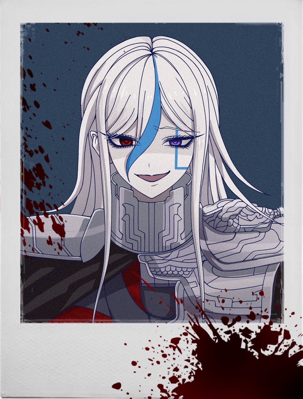 1girl, armor, artist_request, black_bodysuit, black_cape, black_gloves, blood, blood_on_photo, blue_streaks, bodysuit, cape, commission, facial_mark, gloves, grey_background, heterochromia, highres, long_hair, mochiwarau, multicolored_hair, photo_(object), red_bodysuit, red_eyes, second-party_source, shoulder_armor, smile, solo, streaked_hair, the_hundred_line_-last_defense_academy-, two-tone_bodysuit, v'ehxness, violet_eyes, white_hair