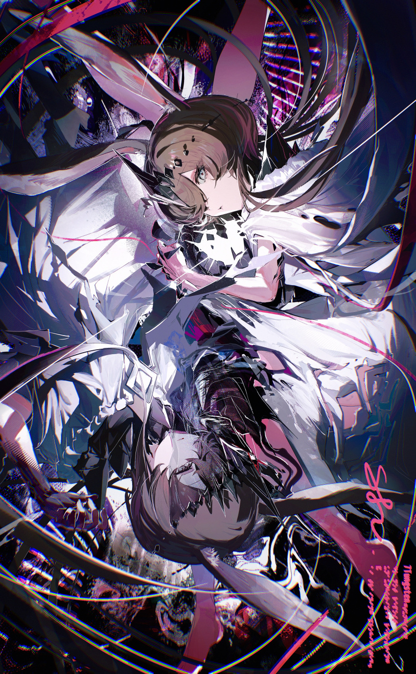 2girls, 7tungsten, absurdres, amiya_(arknights), animal_ears, arknights, brown_hair, dress, dual_persona, grey_eyes, highres, long_hair, looking_at_viewer, material_growth, multiple_girls, oripathy_lesion_(arknights), parted_lips, rabbit_ears, rabbit_girl, see-through_clothes, see-through_veil, veil, white_dress