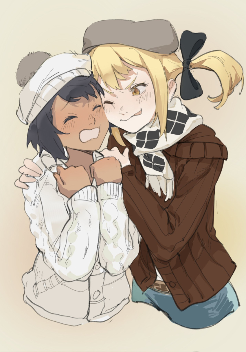 2girls, acminaasonde, belt, black_hair, black_ribbon, blonde_hair, blue_pants, brown_sweater