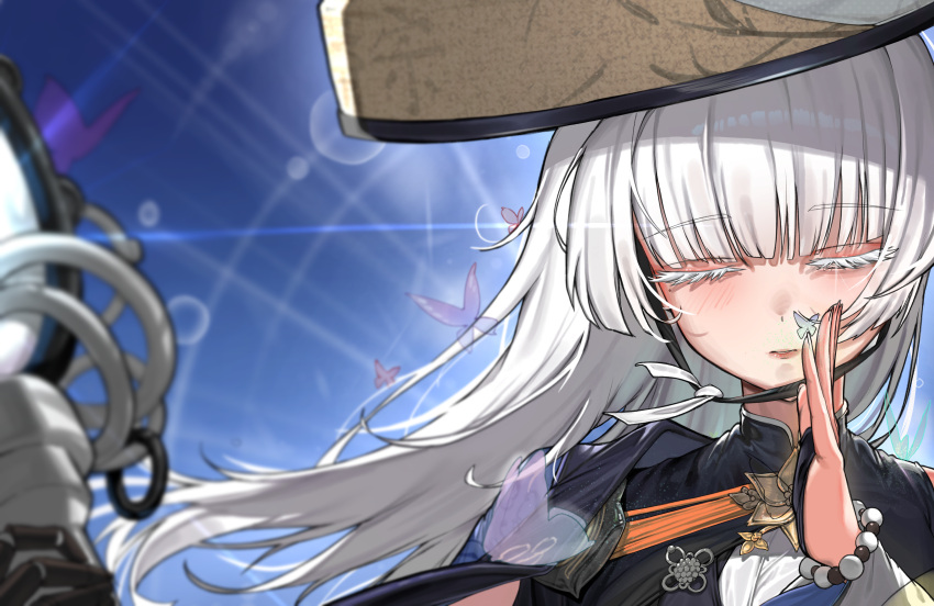 1girl, absurdres, closed_eyes, goddess_of_victory:_nikke, hat, highres, holding, holding_staff
