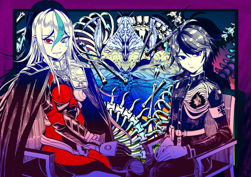 1boy, 1girl, armor, black_streaks, blue_background, blue_eyes, blue_streaks, bodysuit