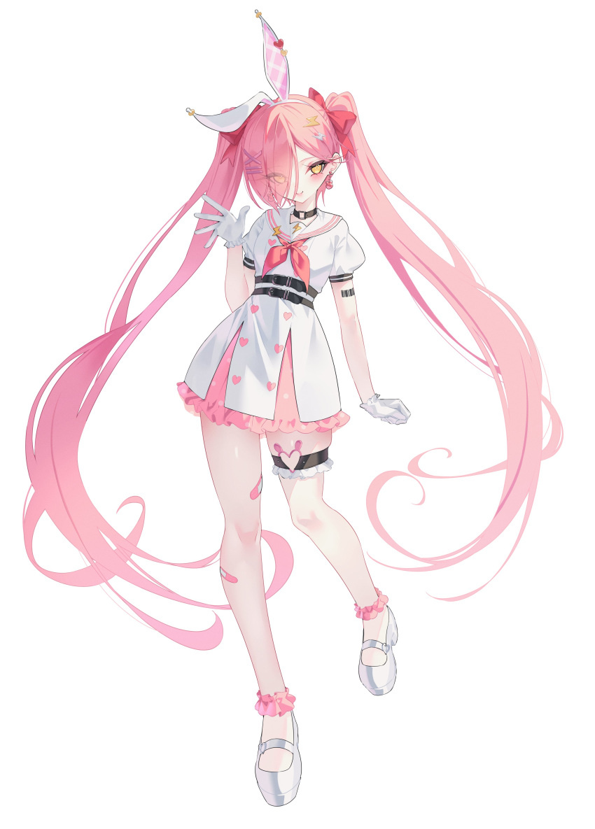 1girl, absurdres, animal_ear_hairband, animal_ears, ankle_scrunchie, arm_at_side, asymmetrical_bangs, bandaid