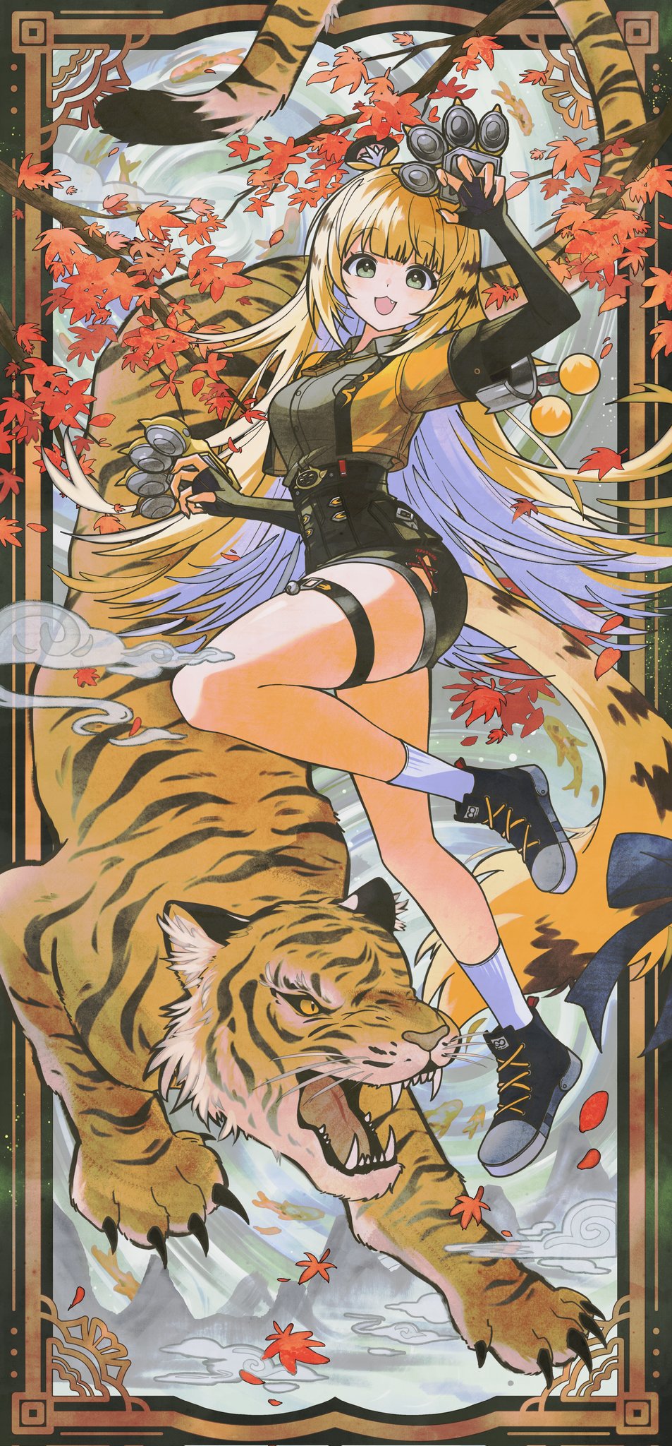1girl, animal_ear_fluff, animal_ears, black_gloves, black_shoes, blonde_hair, colored_inner_hair, elbow_gloves