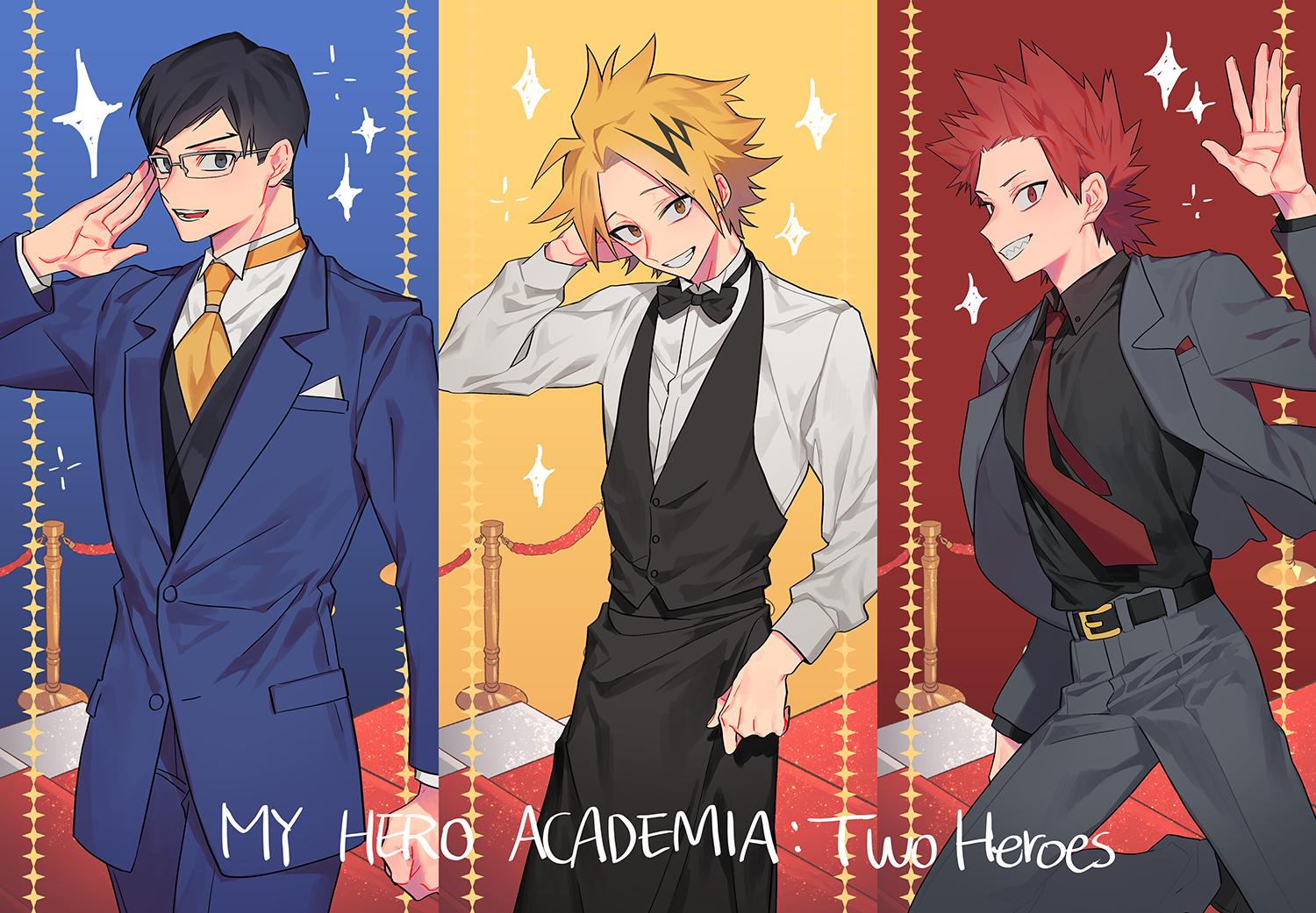 3boys, apron, belt, black_apron, black_belt, black_hair, black_shirt, black_vest