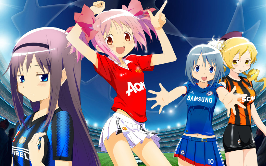 4girls, adidas, akemi_homura, asymmetrical_clothes, asymmetrical_clothing, beret, black_hair, blonde_hair, blue_eyes, blue_hair, breasts, chelsea_fc, derivative_work, drill_hair, fc_internazionale, fc_internazionale_milano, fc_shakhtar_donetsk, hair_ornament, hair_ribbon, hairband, hand_on_shoulder, hat, highres, inter_milan, internazionale, kaname_madoka, kurosaki_samurai, large_breasts, long_hair, mahou_shoujo_madoka_magica, manchester_united, miki_sayaka, miniskirt, multiple_girls, navel, nike, pink_eyes, pink_hair, pleated_skirt, ribbon, short_hair, short_twintails, skirt, smile, soccer, soccer_uniform, stadium, star, taut_shirt, tomoe_mami, twintails, uefa_champions_league, yellow_eyes