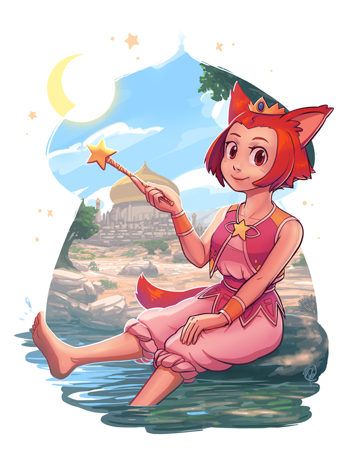 1girl, animal_ears, arabian_dream_scheherazade, barefoot, border, brown_hair, cat_ears, cat_girl, cat_tail, collarbone, coronya, crescent_moon, crown, fei_hsiao, holding, holding_wand, humanization, looking_at_viewer, middle_eastern_architecture, moon, pants, pink_pants, pink_shirt, red_eyes, shirt, short_hair, sitting, soaking_feet, solo, tail, wand, white_border