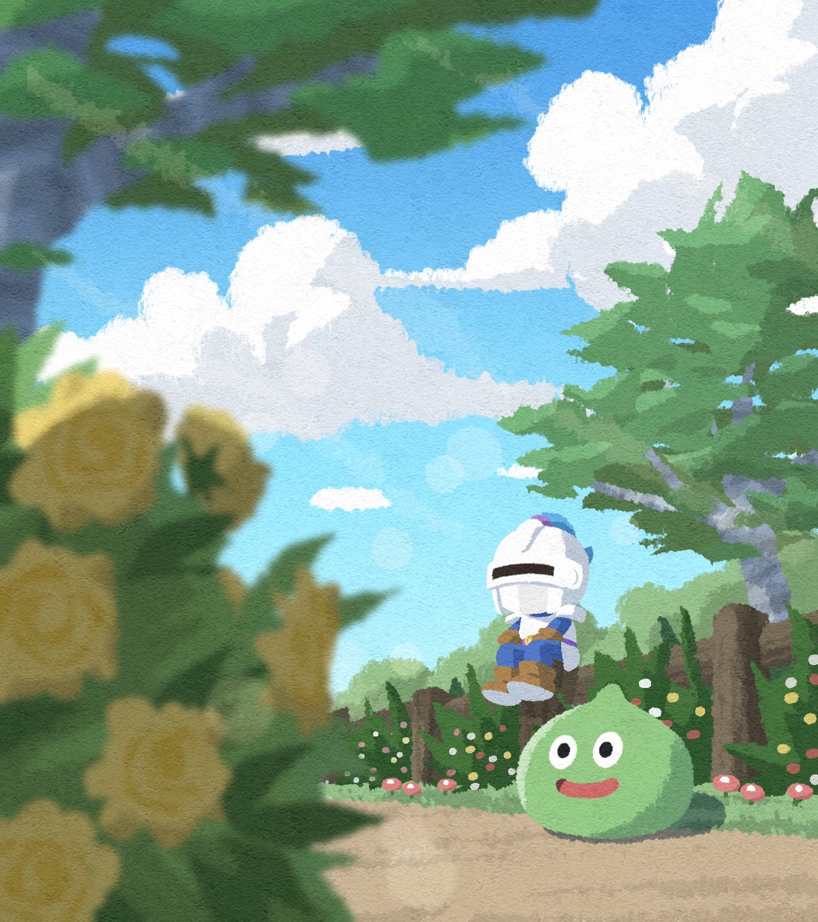 1other, blue_pants, blue_sky, blurry, blurry_foreground, boots, brown_boots, character_request, clouds, commentary, day, dragon_quest, flower, helmet, highres, outdoors, pants, pellrunks, rose, sitting, sky, slime_(dragon_quest), solo, tree, white_helmet, yellow_flower, yellow_rose