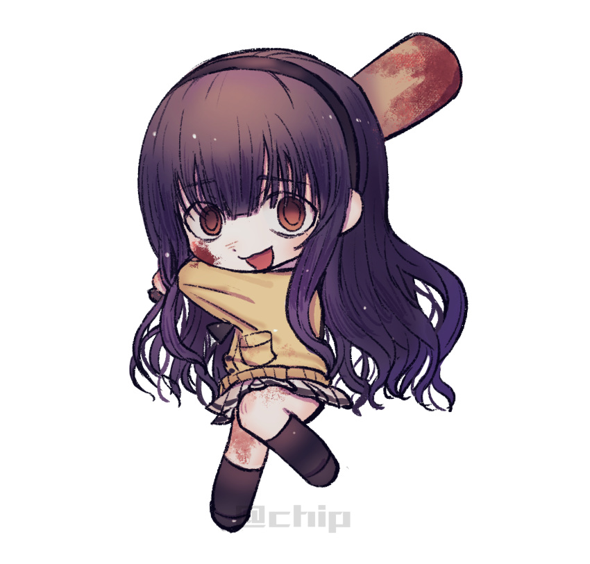 1girl, :d, baseball_bat, black_hairband, black_shoes, black_socks, blood, blood_on_weapon