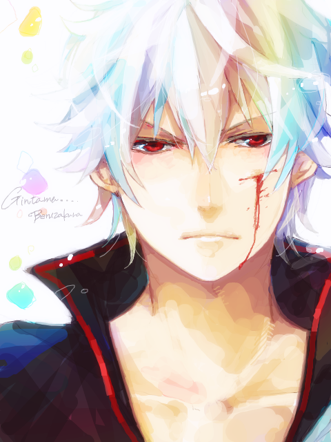 anaroguya, bleeding, blood, blood_on_face, bust, cuts, gintama, injury, male, rainbow, rainbow_hair, red_eyes, sakata_gintoki, scowl, solo, tegaki, white_hair