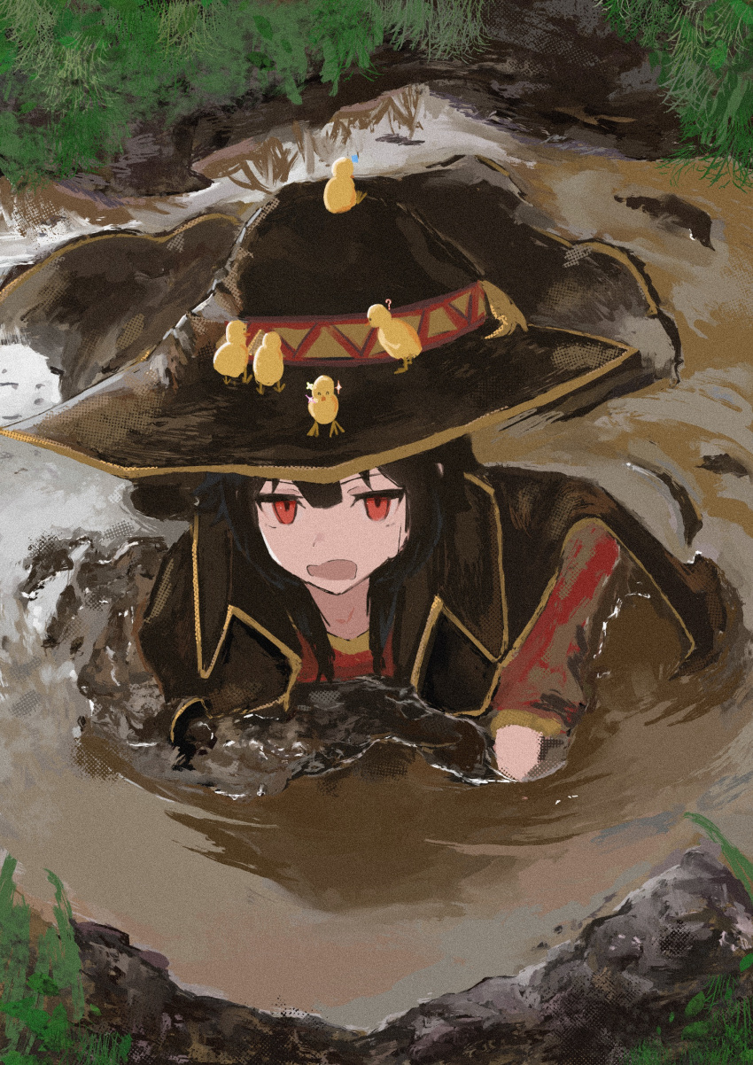 absurdres, bird, cape, chicken, clumsy, dirt, dirty, dirty_clothes, dress, from_above, hat, highres, kono_subarashii_sekai_ni_shukufuku_wo!, koukouya, looking_at_viewer, lying, megumin, mud, on_ground, puddle, red_dress, red_eyes, short_hair_with_long_locks, sinking, wet_and_messy, wetland, witch_hat