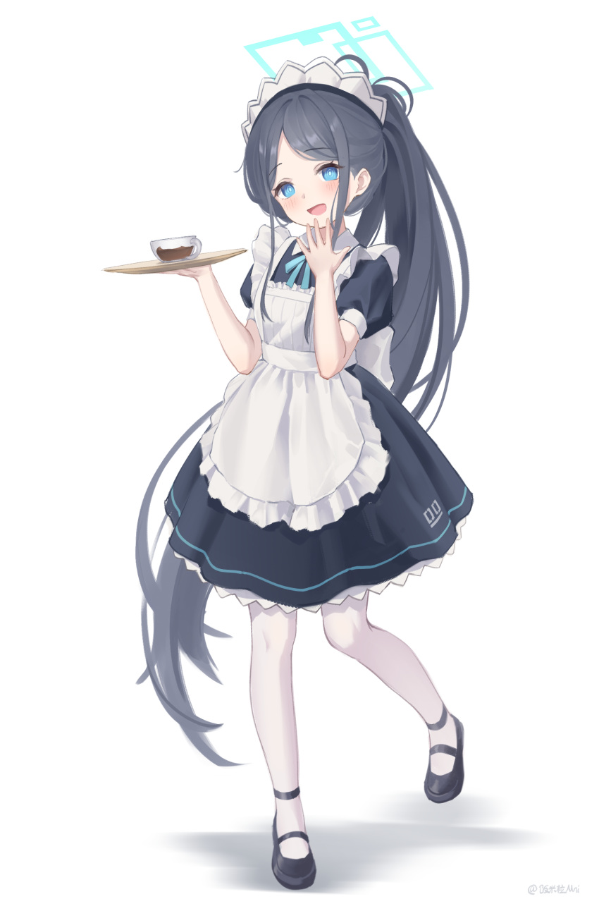 1girl, :d, absurdres, apron, aqua_halo, aqua_ribbon, aris_(blue_archive), aris_(maid)_(blue_archive)