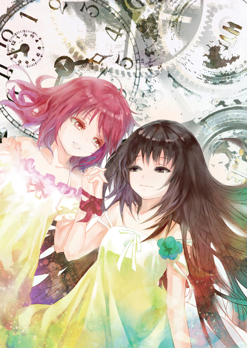 akemi_homura, alternate_costume, alternate_hairstyle, bare_shoulders, black_eyes, black_hair, bound_wrists, bust, clock, dress, eye_contact, flower, gears, highres, kaname_madoka, light_smile, long_hair, looking_at_another, mahou_shoujo_madoka_magica, masara_(acgarts), multiple_girls, pink_eyes, pink_hair, short_hair, sundress, tears, wrist_ribbon
