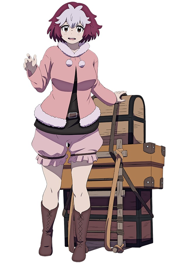 1girl, anime_coloring, belt, boots, box, breasts, brown_belt, brown_boots, brown_hair, clevatess:_majuu_no_ou_to_akago_to_shikabane_no_yuusha, full_body, fur-trimmed_jacket, fur_trim, jacket, large_breasts, long_sleeves, looking_at_viewer, multicolored_hair, nell_(clevatess), official_art, pink_hair, red_eyes, red_hair, sako_souichirou, short_hair, shorts, simple_background, smile, solo, standing, teeth, transparent_background, two-tone_hair