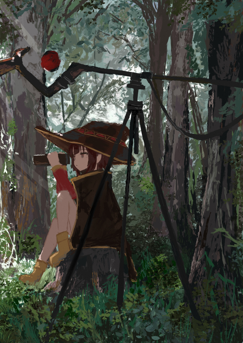 1girl, absurdres, binoculars, brown_hair, bush, cape, dappled_sunlight, day, dress, forest, grass, hat, highres, holding, holding_binoculars, hunting, kono_subarashii_sekai_ni_shukufuku_wo!, koukouya, landscape, leaf, long_sleeves, looking_to_the_side, megumin, nature, open_mouth, orb, outdoors, red_dress, red_eyes, scenery, short_hair, short_hair_with_long_locks, sky, solo, staff, sunlight, tree, witch, witch_hat