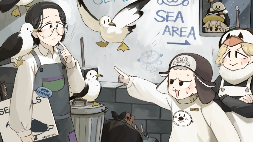 1boy, 3girls, absurdres, accusations, apron, bird, black_hair, black_shirt