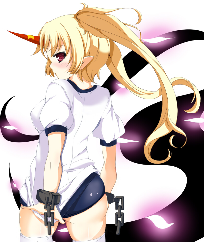 alternate_costume, alternate_hairstyle, ass, blonde_hair, blush, buruma, chain, chains