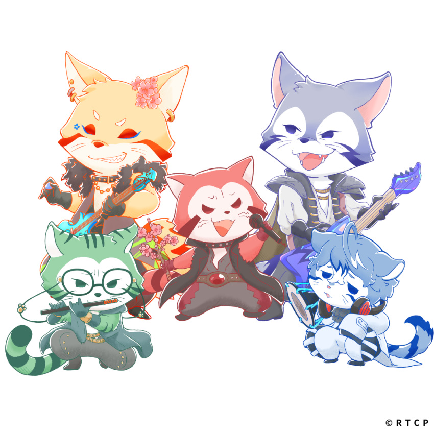 5boys, akacal_(calcal-dan), animal_ears, araiguma_calcal-dan, artist_request, bass_guitar, branch, cherry_blossoms, comical_(calcal-dan), commentary_request, copyright_notice, fangs, flute, fox_boy, fox_ears, fox_tail, furry, furry_male, glasses, grin, guitar, holding, holding_bass_guitar, holding_branch, holding_flute, holding_guitar, holding_instrument, holding_microphone, holding_plectrum, instrument, logical_(calcal-dan), male_focus, microphone, middle_(calcal-dan), multiple_boys, official_art, on_one_knee, open_mouth, plectrum, raccoon_boy, raccoon_ears, raccoon_tail, smile, squatting, subcal_(calcal-dan), tail