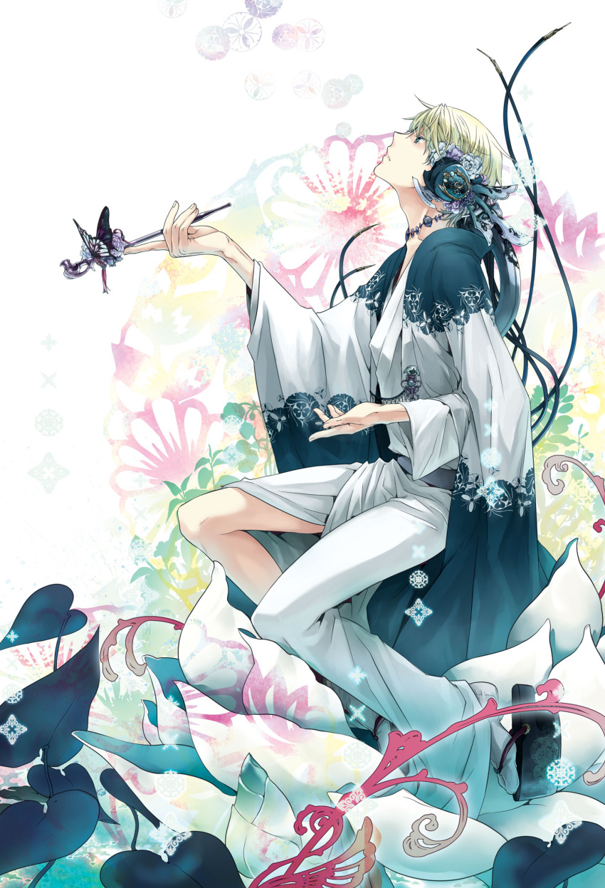blonde_hair, blue_eyes, butterfly, durarara!!, flower, hair_flower, hair_ornament, heiwajima_shizuo