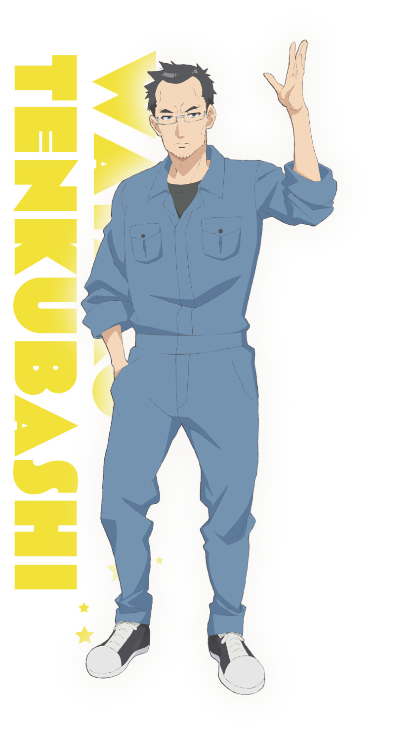 1boy, anime_coloring, arm_up, balding, black_hair, black_shirt, black_shoes, blue_jacket