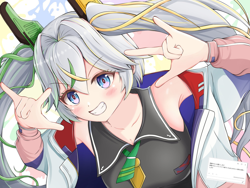 1girl, \m/, absurdres, armpits, bare_shoulders, black_shirt, blonde_hair, blue_eyes