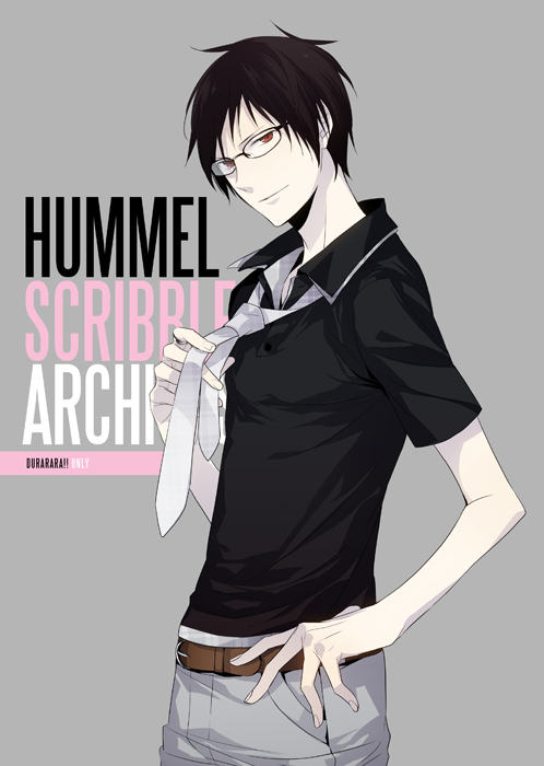 bad_id, belt, bespectacled, black_hair, durarara!!, glasses, jeans, male, necktie, orihara_izaya, red_eyes, ryugo, short_sleeves, solo, xia_(ryugo)