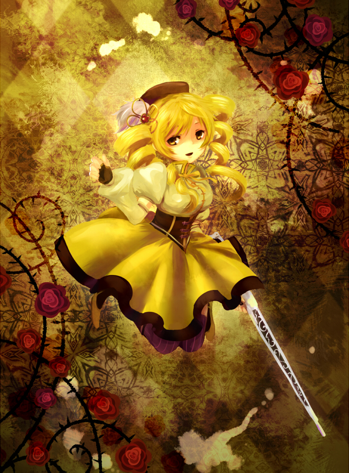 blonde_hair, drill_hair, flower, ginnan, gun, hat, magical_girl, magical_musket