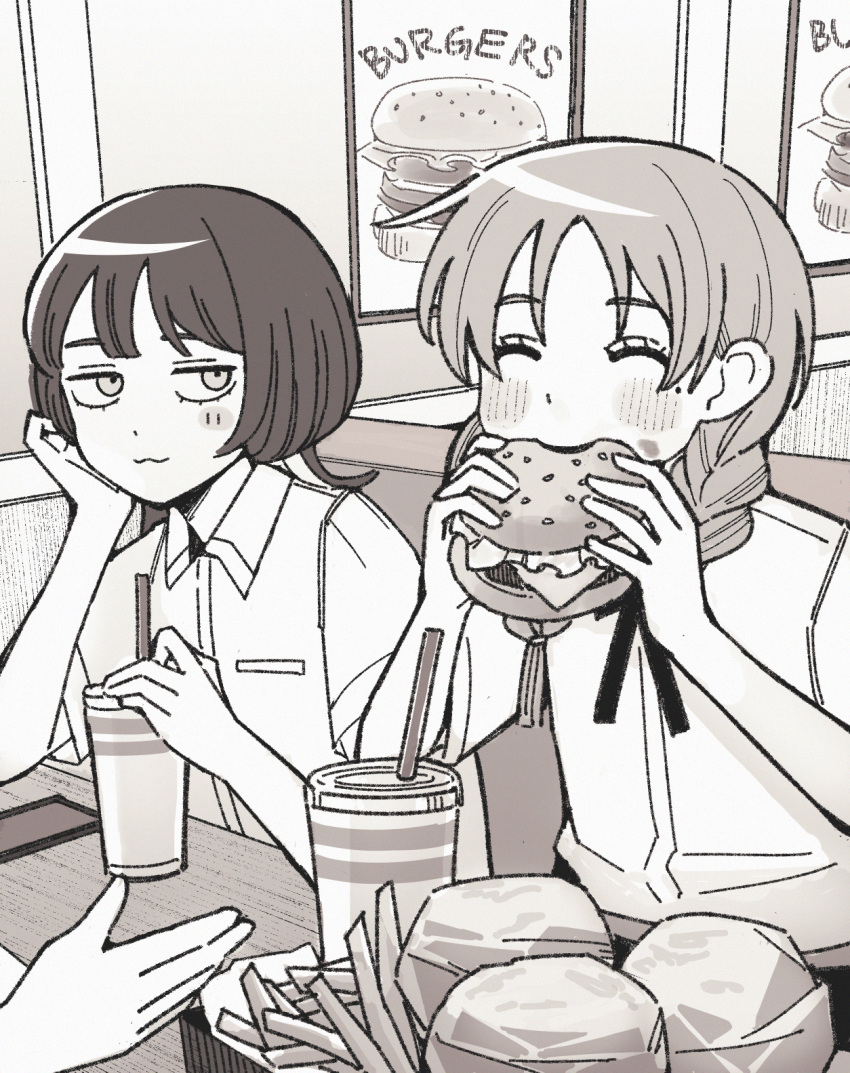 1other, 2girls, :3, ^_^, blush, booth_seating, braid, breast_pocket