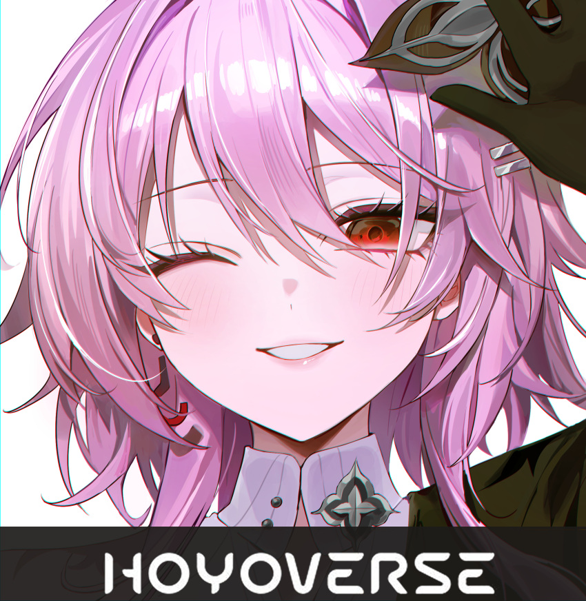 1girl, ?, absurdres, black_flower, black_gloves, close-up, commentary, copyright_name